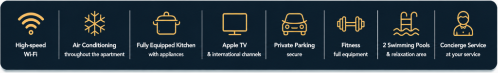 Premium amenities for a comfortable stay in Playa del Carmen Apartment amenities in Playa del Carmen: high-speed Wi-Fi, air conditioning, equipped kitchen, Apple TV, parking, fitness, pools and concierge