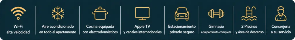 Equipamiento y servicios premium – Playa del Carmen Equipamiento del apartamento: Wi-Fi de alta velocidad, aire acondicionado, cocina equipada, Apple TV, estacionamiento privado, gimnasio, dos piscinas y servicio de conserjería