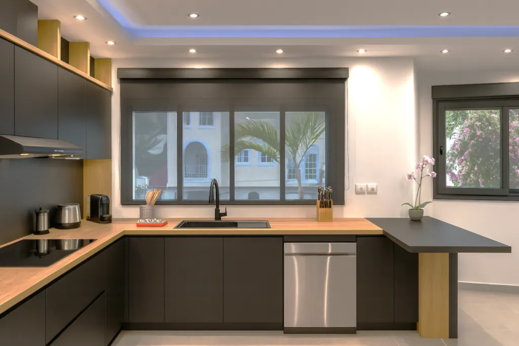 Modern fully equipped kitchen with sleek cabinetry in Playa del Carmen vacation apartment