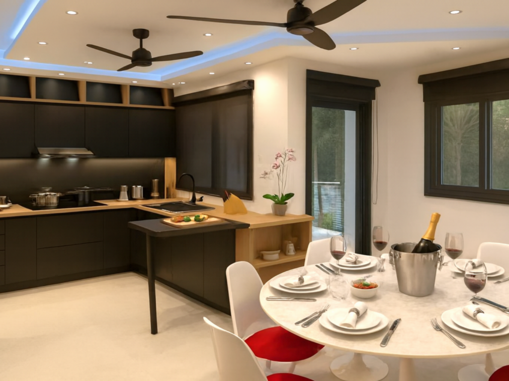une salle à manger conviviale pour vos repas Cuisine ouverte avec table dressée dans le Twin Alegro à Playa del Carmen