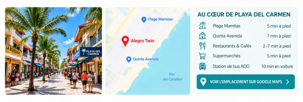Alegro Twin, idéalement situé à quelques minutes à pied de la plage, de la Quinta Avenida et des restaurants Emplacement d’Alegro Twin au cœur de Playa del Carmen, proche de Playa Mamitas, Quinta Avenida, restaurants et commerces