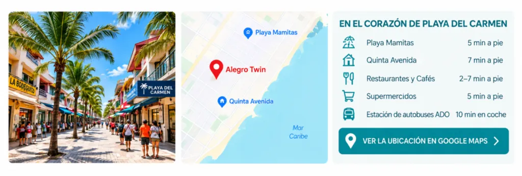 Alegro Twin, en el corazón de Playa del Carmen, a pocos minutos a pie de la playa y la Quinta Avenida Ubicación privilegiada de Alegro Twin en Playa del Carmen, cerca de Playa Mamitas, Quinta Avenida, restaurantes y comercios