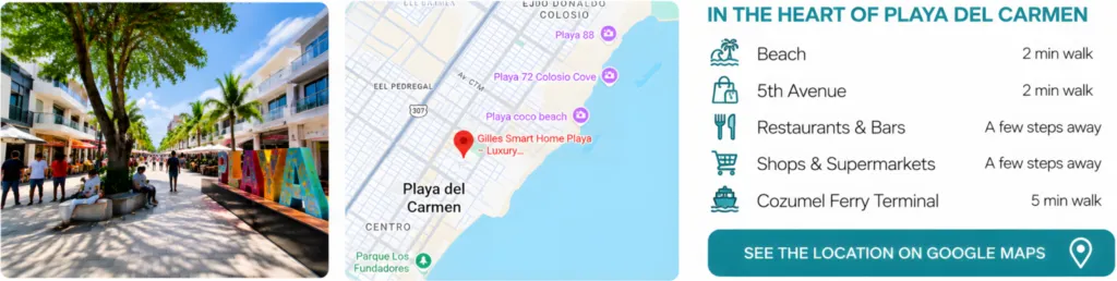 Stay in the heart of Playa del Carmen – just 2 minutes from the beach and 5th Avenue Prime location in the heart of Playa del Carmen near the beach, 5th Avenue, restaurants and shops