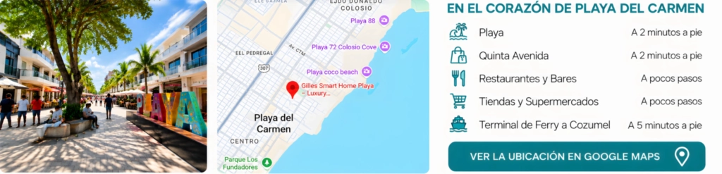 Ubicación privilegiada en el corazón de Playa del Carmen Ubicación en el centro de Playa del Carmen, a 2 minutos a pie de la playa y Quinta Avenida, cerca de restaurantes, tiendas y ferry a Cozumel