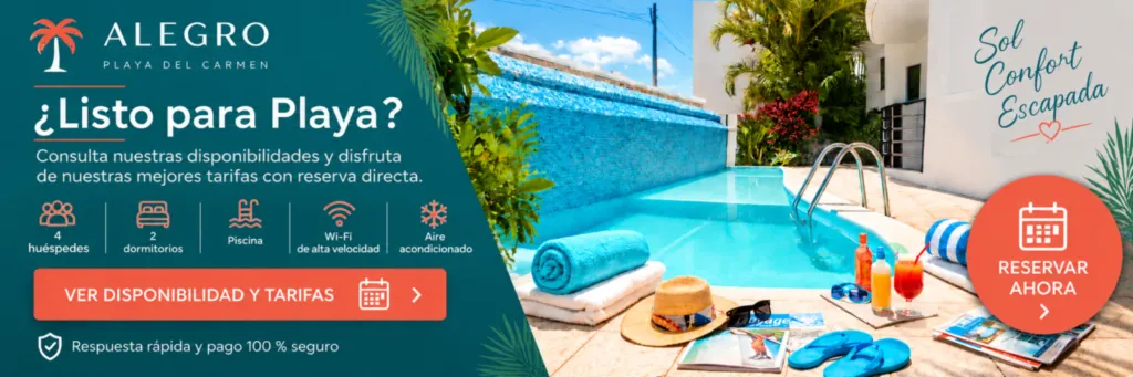 Reserva Alegro directamente y disfruta de piscina, confort y nuestras mejores tarifas en Playa del Carmen Alegro Playa del Carmen con piscina privada, 2 dormitorios, Wi-Fi y reserva directa al mejor precio