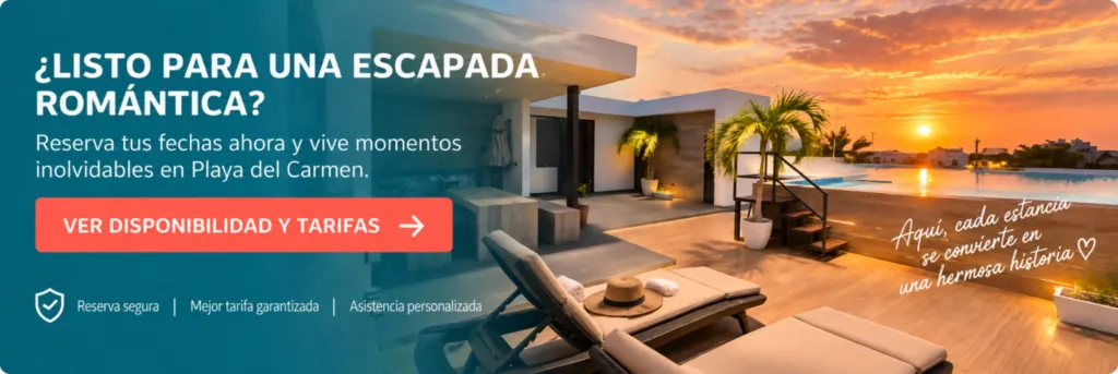 Escapada romántica con piscina en la azotea – Playa del Carmen Escapada romántica en Playa del Carmen con piscina en la azotea, vistas al atardecer y reserva directa segura
