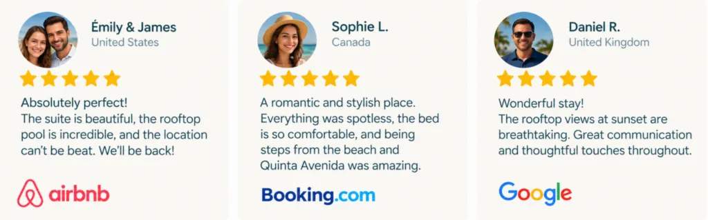 5-Star Guest Reviews – Vedra Suite Playa del Carmen 5-star guest reviews for Vedra Suite in Playa del Carmen on Airbnb, Booking.com and Google