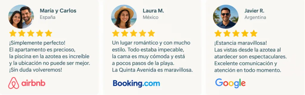 Opiniones de huéspedes 5 estrellas – Playa del Carmen Opiniones de huéspedes con 5 estrellas sobre su estancia en Playa del Carmen en Airbnb, Booking.com y Google