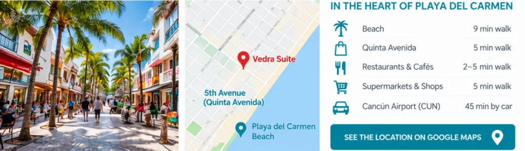 Prime Location in the Heart of Playa del Carmen – Vedra Suite Vedra Suite location in Playa del Carmen, 5-minute walk from Quinta Avenida and 9-minute walk from the beach