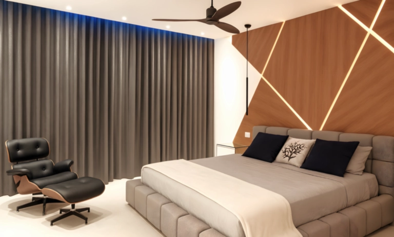 Une suite spacieuse et raffinée offrant confort et tranquillité pour votre séjour à Playa del Carmen Suite moderne et élégante avec lit king-size et fauteuil design dans l’appartement Alegro à Playa del Carmen