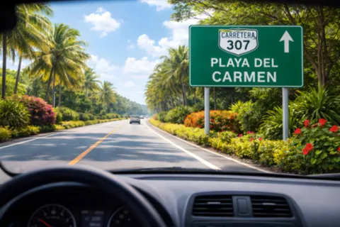 Highway 307 road from Cancún Airport to Playa del Carmen surrounded by tropical landscape