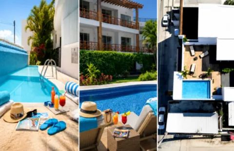 Comparatif visuel des piscines et espaces extérieurs de Vedra Suite, Quadra Duplex et Quadra Alea à Playa del Carmen.
